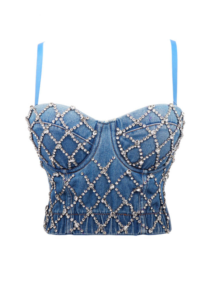 Women's Rhinestone Denim Corset Top