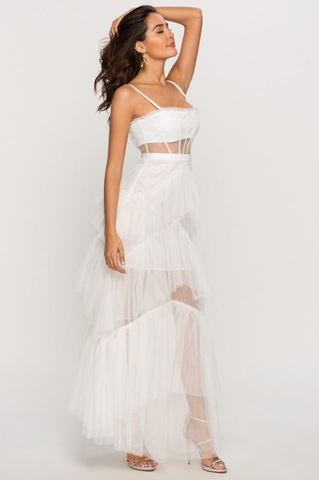 Women's Jasmine Long Spaghetti Strap Mesh Corset Gown White
