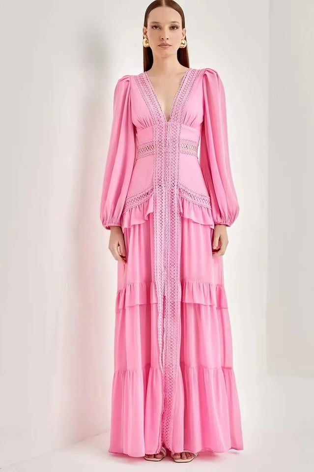 Women's Lorie Long Sleeve Ruffle Gown Pink