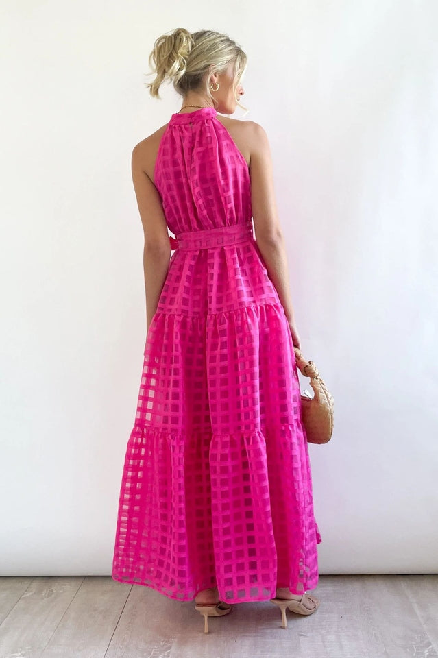 Women's Check Halter Neck Tie Waist Maxi Dress