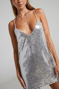 Women's Spaghetti Strap Sequin Mini Dress Silver