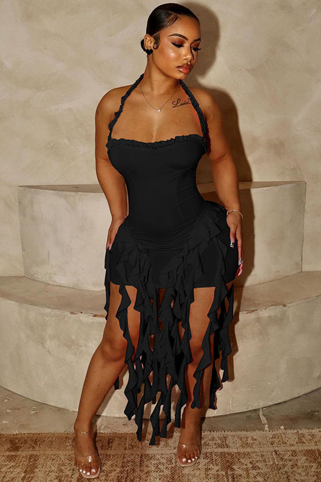 Women's Ruffle Tassel Halter Bustier Mini Dress