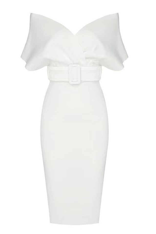 Women's Off The Shoulder Belt Midi Dress White