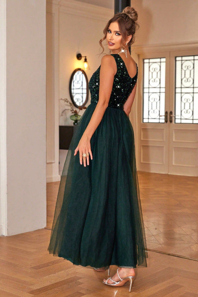 Women's Sleeveless Party Dress With Sequins Green