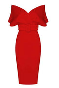 Women's Off The Shoulder Belt Midi Dress Red