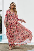 Women's Abstract Art Tiered Maxi Dress Pink
