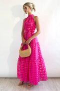 Women's Check Halter Neck Tie Waist Maxi Dress