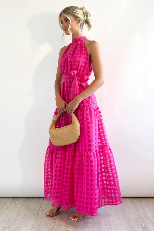 Women's Check Halter Neck Tie Waist Maxi Dress