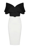Women's Off The Shoulder Belt Midi Dress Black White