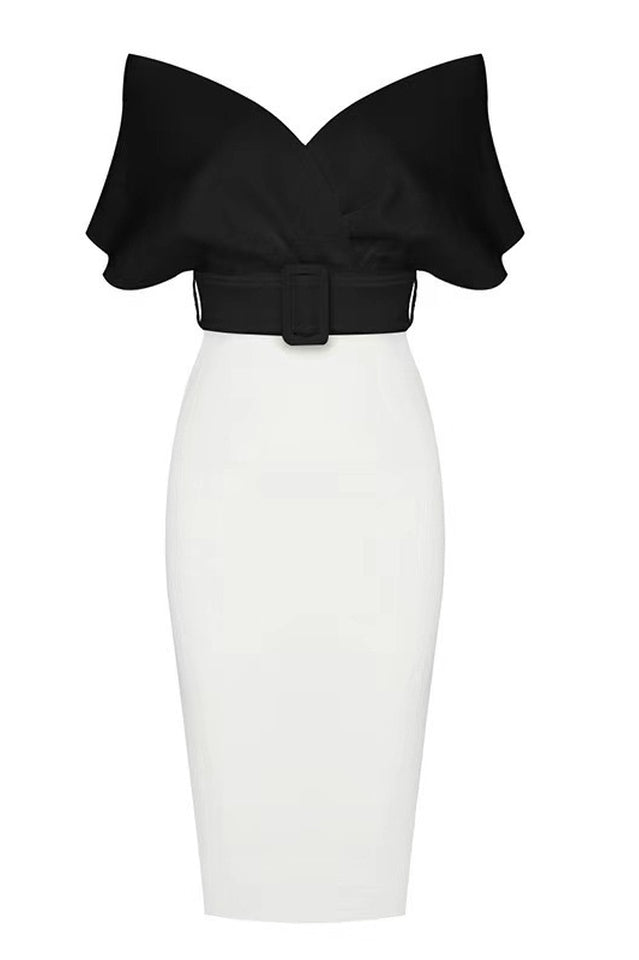 Women's Off The Shoulder Belt Midi Dress Black White