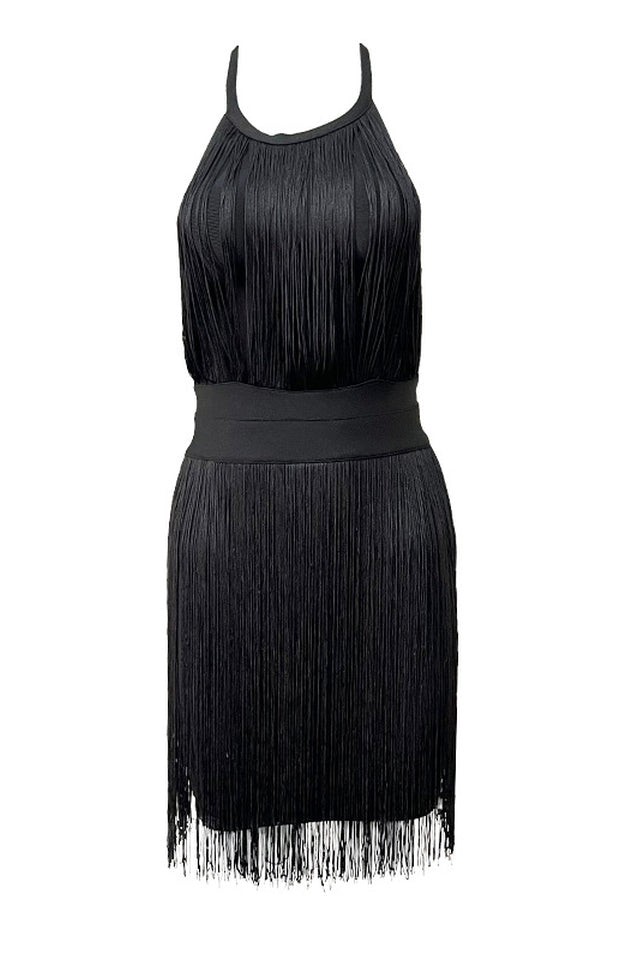 Women's Halter Neck Backless Fringed Mini Dress Black
