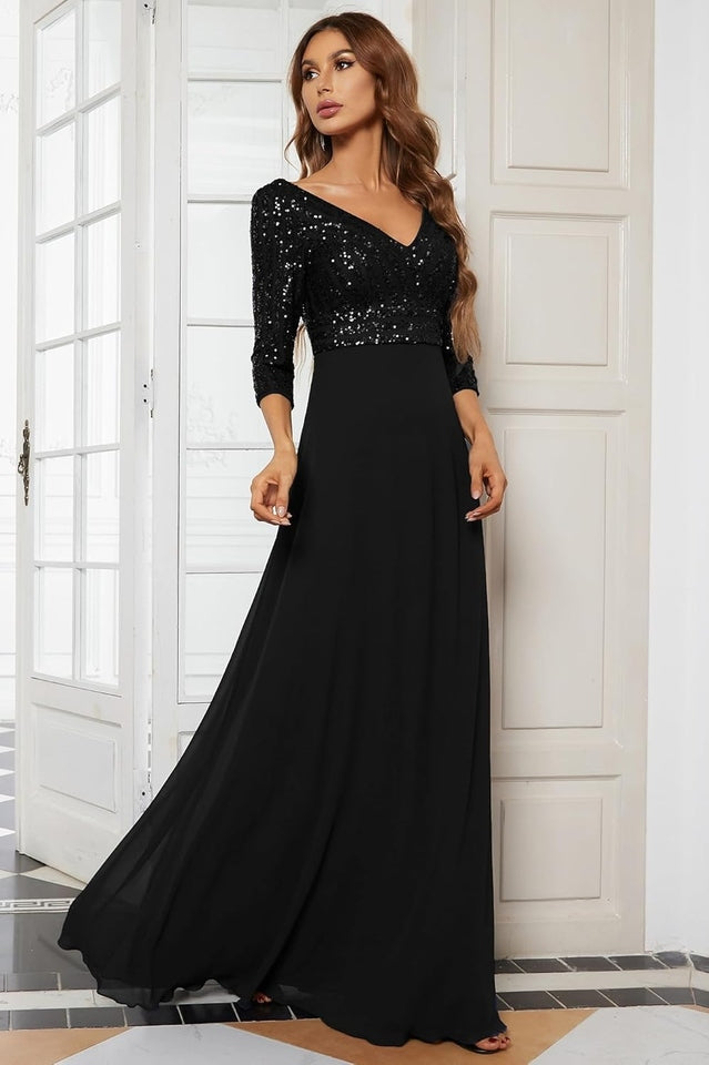 Women's Sequined Chiffon Evening Dress Black