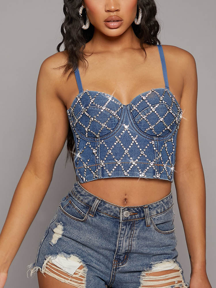 Women's Rhinestone Denim Corset Top