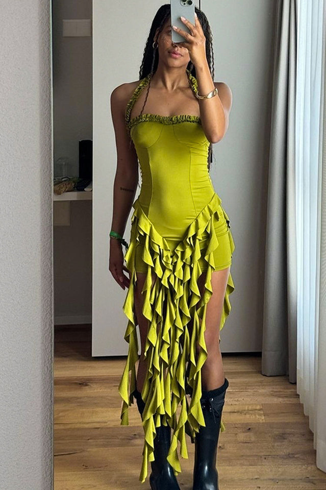 Women's Ruffle Tassel Halter Bustier Mini Dress