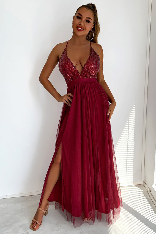 Women's Sequined Backless Tulle Evening Prom Burgundy XS