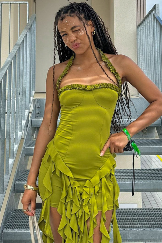 Women's Ruffle Tassel Halter Bustier Mini Dress