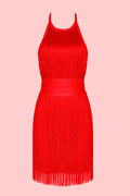 Women's Halter Neck Backless Fringed Mini Dress Red