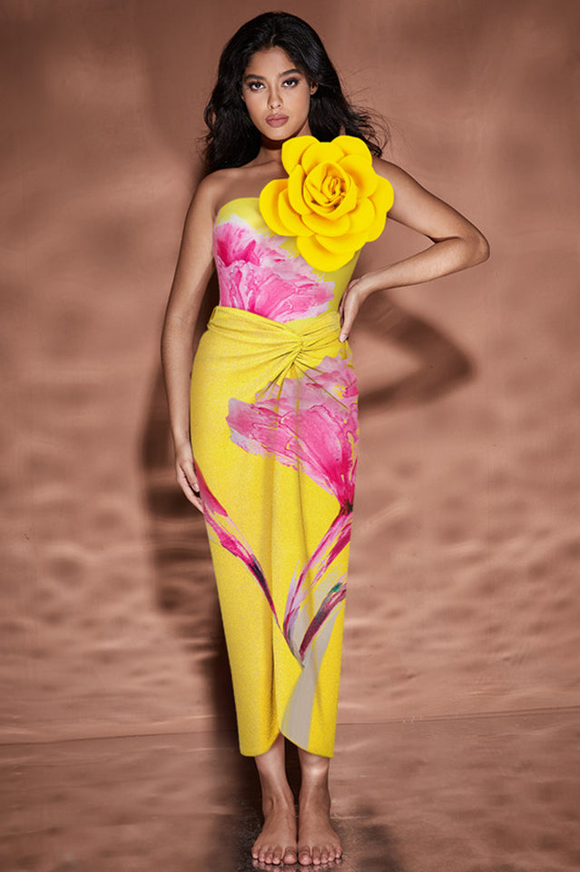 Women's 3D Flower One Shoulder Swimsuit & Skirt Set Yellow