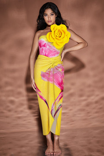 Women's 3D Flower One Shoulder Swimsuit & Skirt Set Yellow