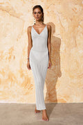 Women's Knitted Cutout V Neck Cover Up Dress White