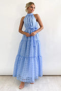 Women's Check Halter Neck Tie Waist Maxi Dress Blue