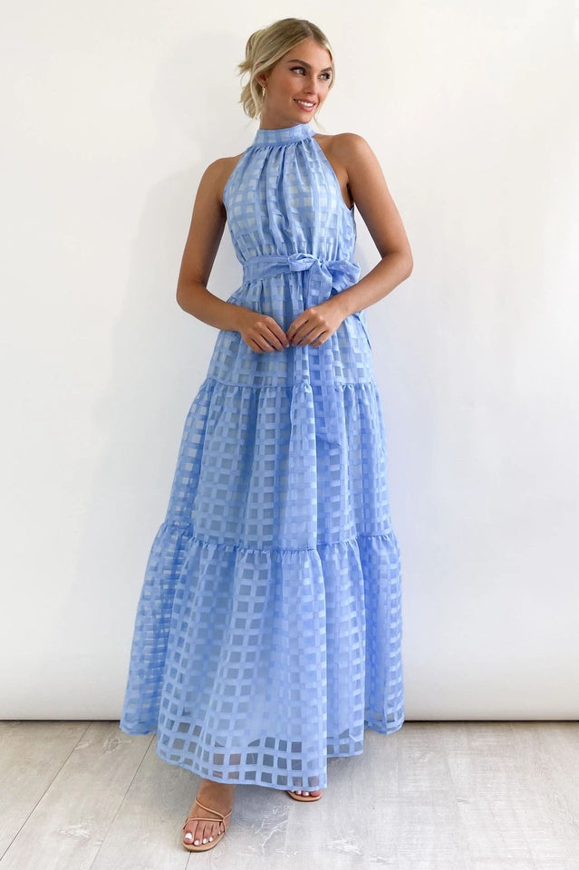 Women's Check Halter Neck Tie Waist Maxi Dress Blue