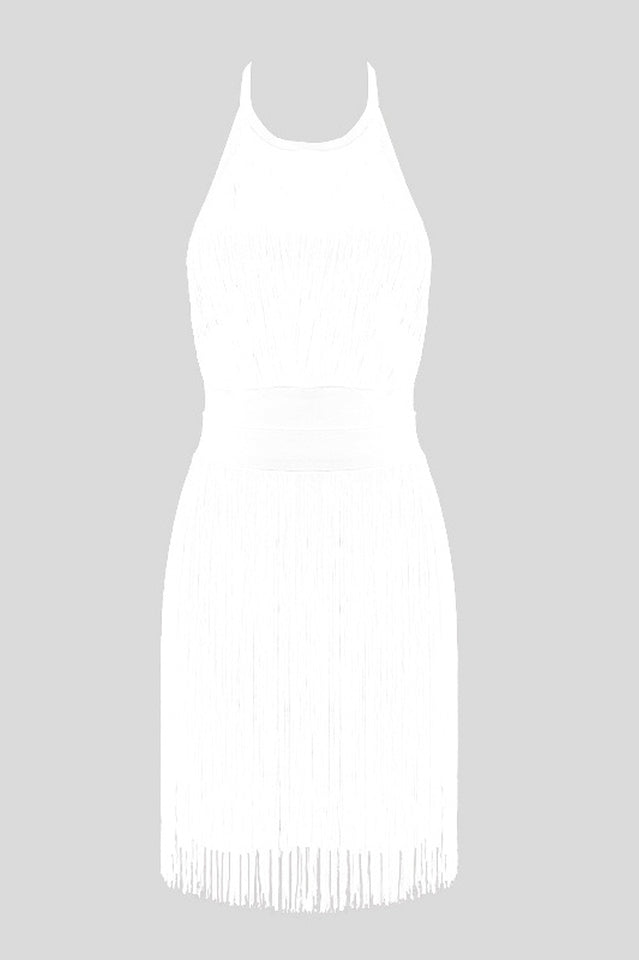 Women's Halter Neck Backless Fringed Mini Dress White