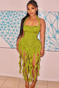 Women's Ruffle Tassel Halter Bustier Mini Dress Green