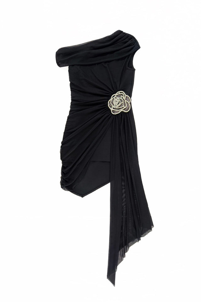 Women's Asymmetric Embroidered Rose Mini Dress