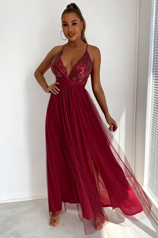Women's Sequined Backless Tulle Evening Prom Burgundy