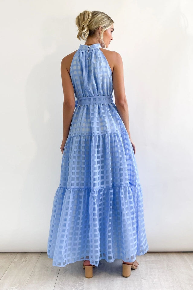 Women's Check Halter Neck Tie Waist Maxi Dress