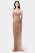 Women's One Shoulder Lace Corset Maxi Dress Khaki