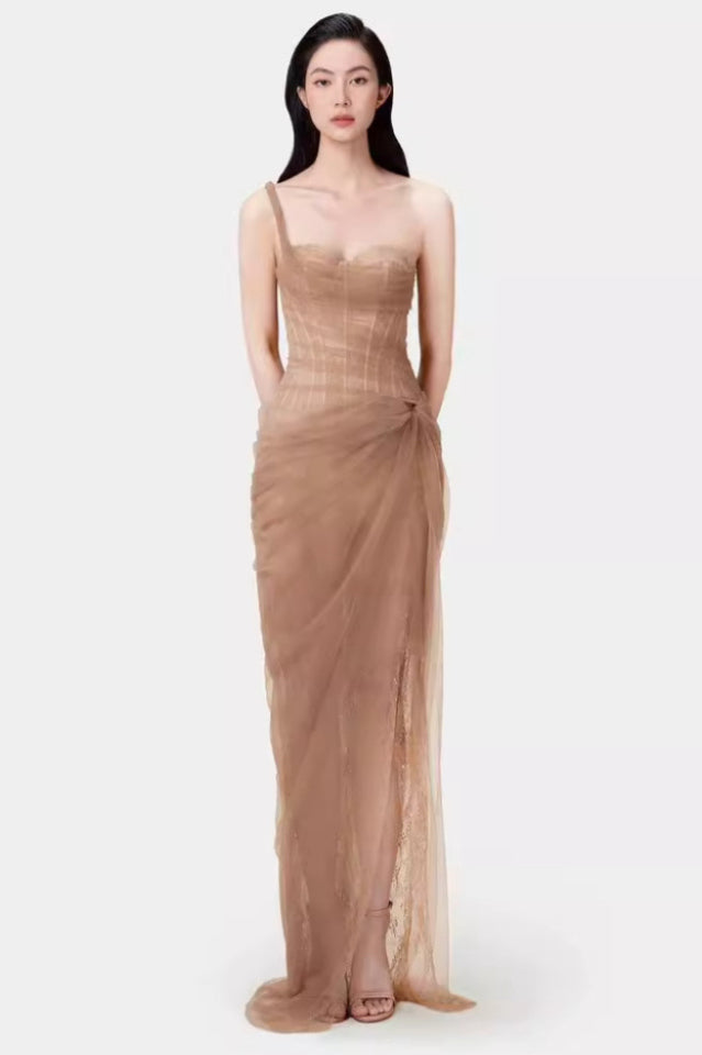 Women's One Shoulder Lace Corset Maxi Dress Khaki
