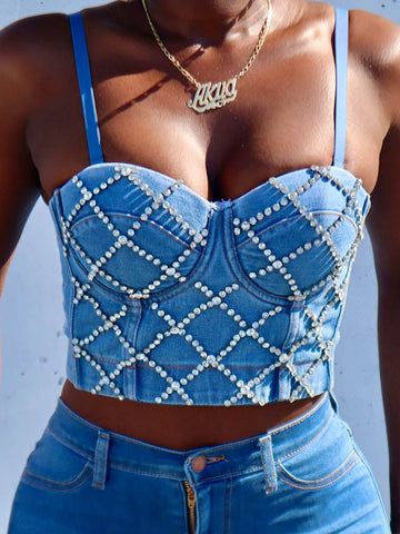 Women's Rhinestone Denim Corset Top Blue