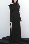 Women's Pleated Patchwork Slit Red Dress Black