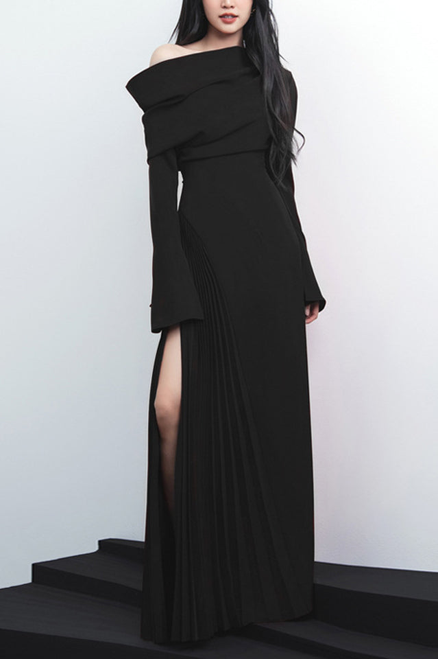 Women's Pleated Patchwork Slit Red Dress Black