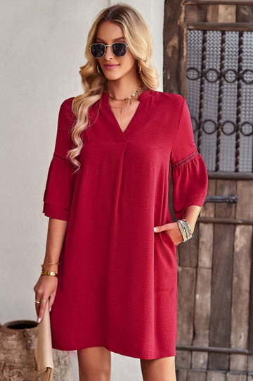 Women's Notched Neck Flare Sleeve Pocket Dress Red
