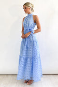 Women's Check Halter Neck Tie Waist Maxi Dress
