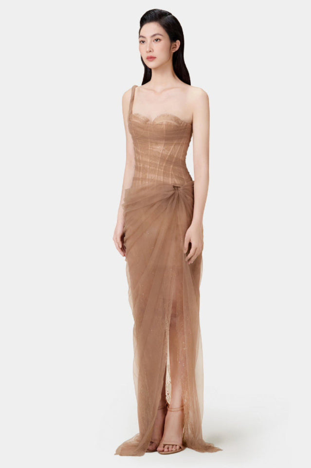 Women's One Shoulder Lace Corset Maxi Dress