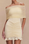 Women's Slinky And Mesh Off Shoulder Mini Dress Ivory