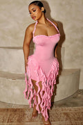 Women's Ruffle Tassel Halter Bustier Mini Dress Pink