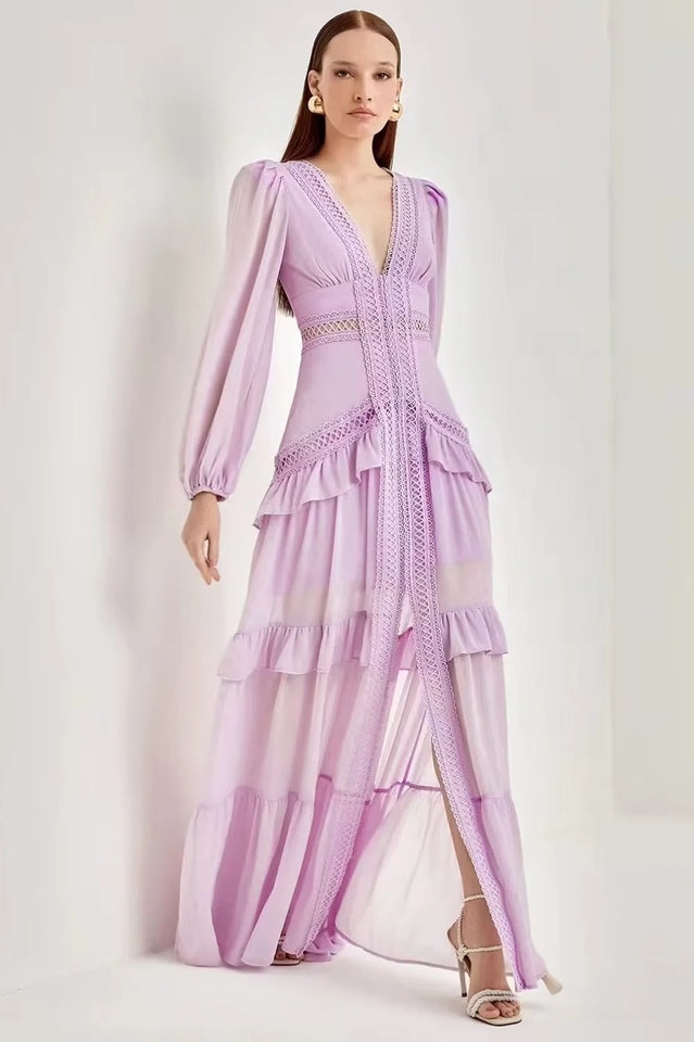 Women's Lorie Long Sleeve Ruffle Gown Lilac