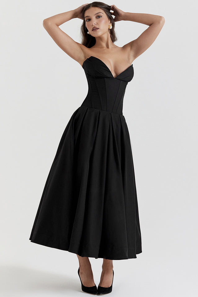 Women's Lady Black Strapless Midi Dress