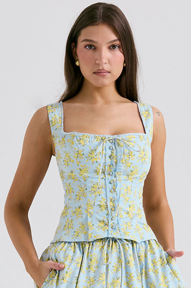 Women's Vintage Floral Print Top + Skirt Set Soft Blue