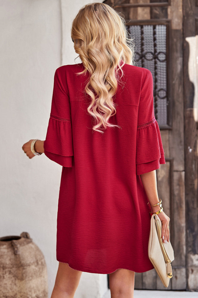 Women's Notched Neck Flare Sleeve Pocket Dress Red