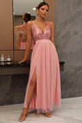 Women's Sequined Backless Tulle Evening Prom Pink