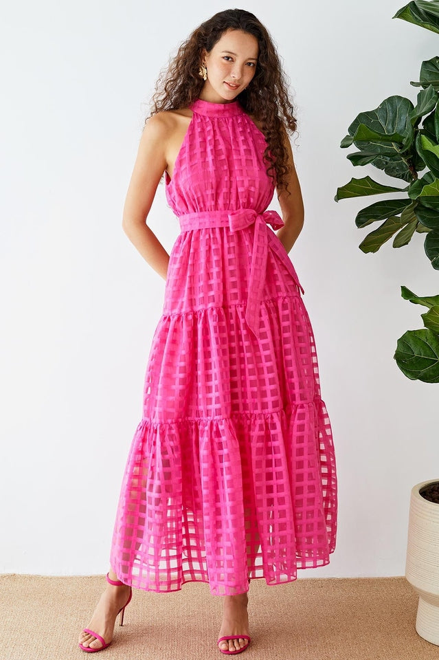 Women's Check Halter Neck Tie Waist Maxi Dress Pink
