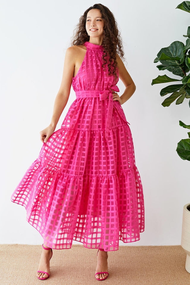Women's Check Halter Neck Tie Waist Maxi Dress Pink