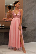 Women's Sequined Backless Tulle Evening Prom Pink
