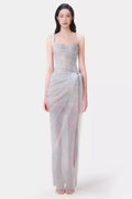 Women's One Shoulder Lace Corset Maxi Dress Blue